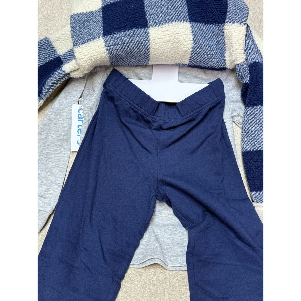 Carter's 3 Piece Pants Shirt Jacket Set Gray Navy Plaid 5T Boys